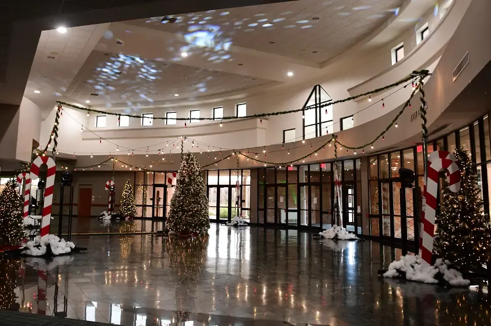 Dixon Ministry Center lobby with Christmas decorations